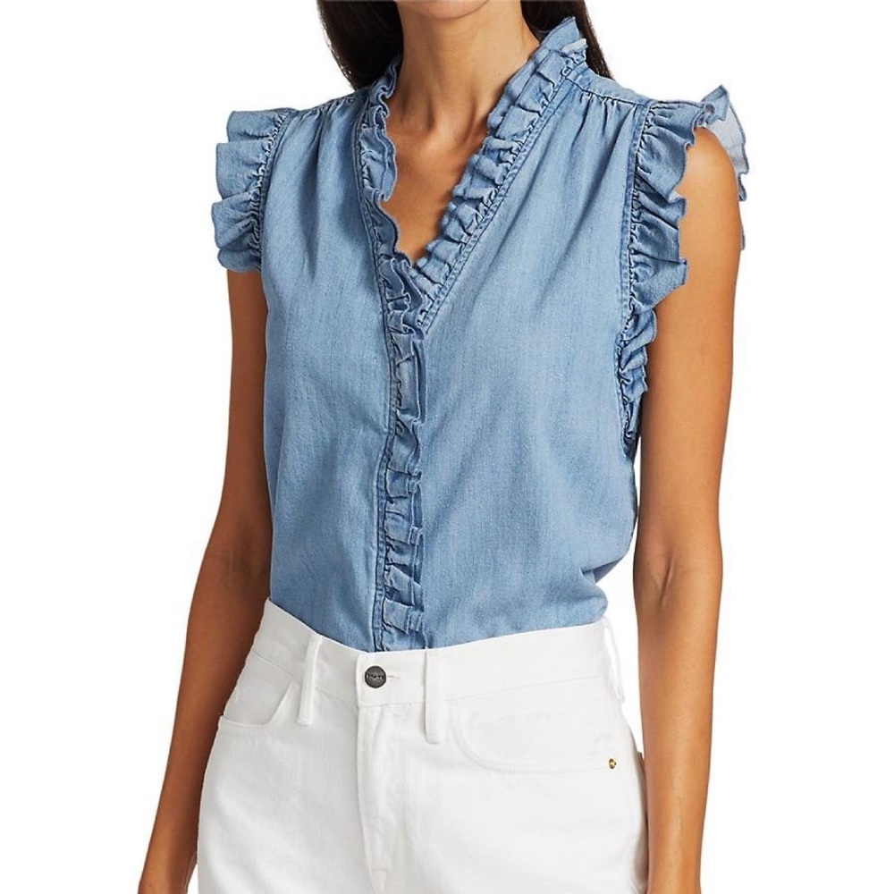 FRAME Denim Lauren Ruffle Trim Top in Farrah